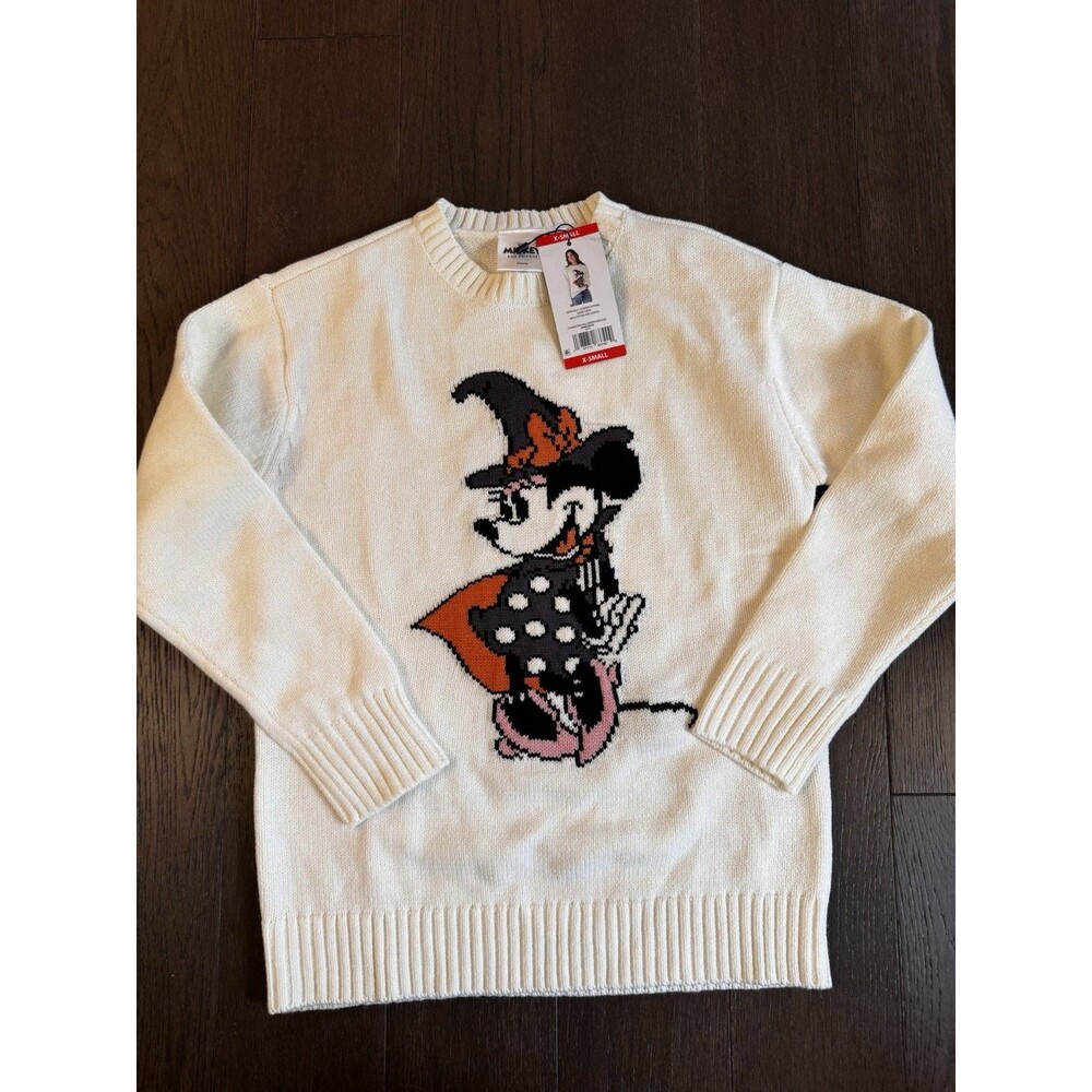 Disney Minnie Mouse Halloween Sweater Womens XS Witch Costume White NWT